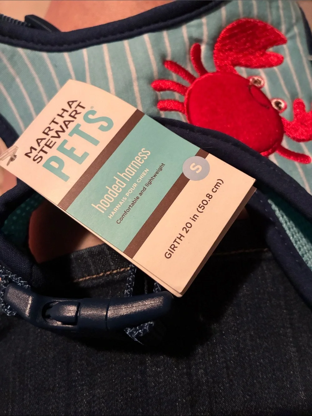 Martha Stewart Pets Light Blue Striped Swim Harness with Red Crab